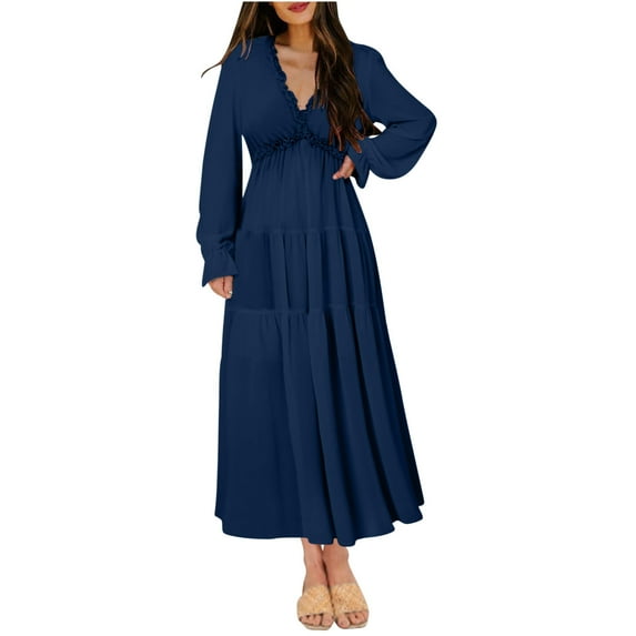 BangWanChi Long Sleeve Dresses for Women Fall Women's Elegant Temperament Elastic Waist Solid Color Long Sleeved V-neck Dress