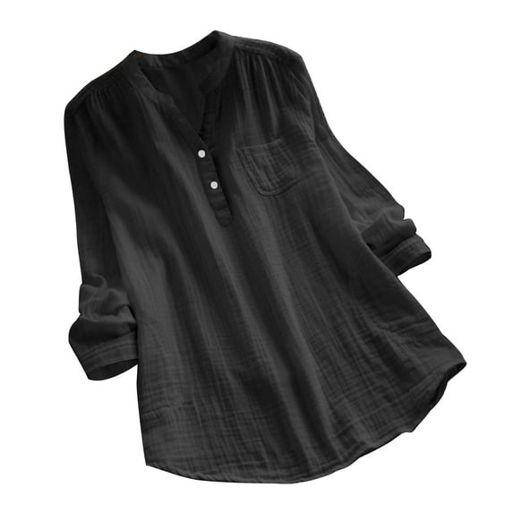 BangWanChi Long Sleeve Shirts for Women Clearance Women's Summer Solid Color Loose Slim V-neck Long-Sleeved Cotton and Linen Long-sleeved V-neck Top/shirt