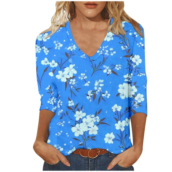 BangWanChi Long Sleeve Shirts for Women Women's Fashion Casual Print V-neck 3/4 Sleeve Top Long Sleeved V-neck Top/Shirt