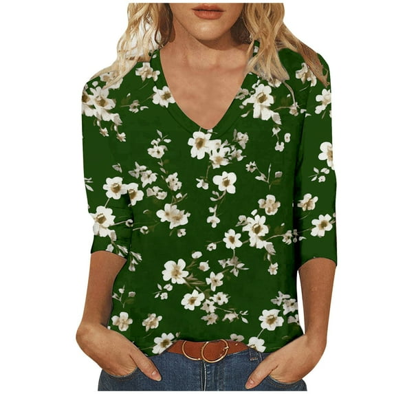 BangWanChi Long Sleeve Shirts for Women Women's Fashion Casual Print V-neck 3/4 Sleeve Top Long Sleeved V-neck Top/Shirt