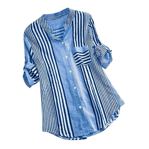 BangWanChi Long Sleeve Shirts for Women Women's Long Sleeved Striped Printed V-neck Loose T-shirt Top