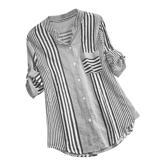 BangWanChi Long Sleeve Shirts for Women Women's Long Sleeved Striped Printed V-neck Loose T-shirt Top