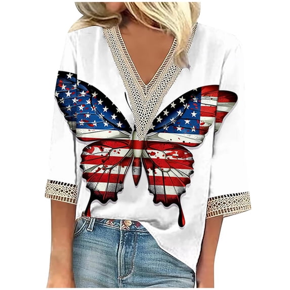 BangWanChi Long Sleeve Shirts for Women Summer Women's Vintage Print V-neck Lace 3/4 Sleeve Top
