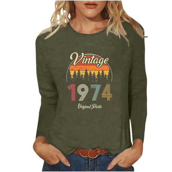 BangWanChi Long Sleeve Shirts for Women Women's Casual Fashion Full Year Birthday Printed Round Neck Long Sleeved Tops/shirt