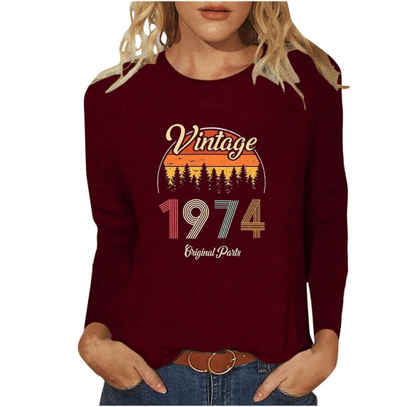 BangWanChi Long Sleeve Shirts for Women Women's Casual Fashion Full Year Birthday Printed Round Neck Long Sleeved Tops/shirt