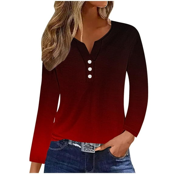 BangWanChi Long Sleeve Shirts for Women Women's Casual Gradient Long Sleeve V-Neck Tops