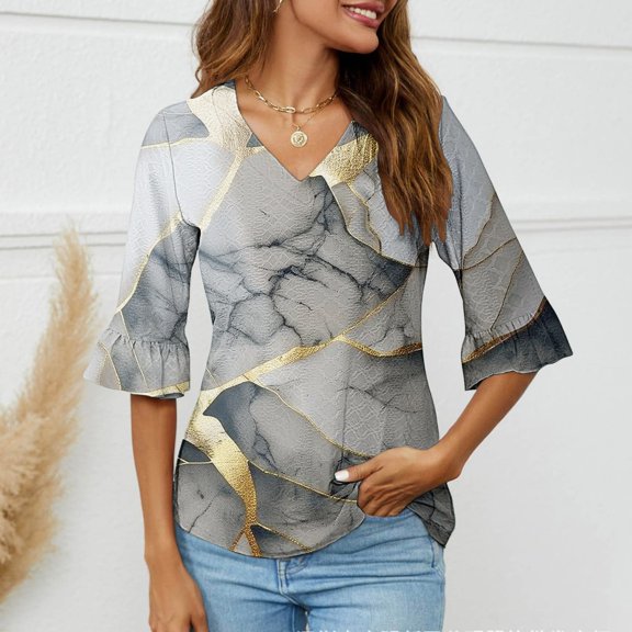 BangWanChi Long Sleeve Shirts for Women Women's Fashion Split Flare Sleeves V-Neck Casual Loose T-Shirt Top