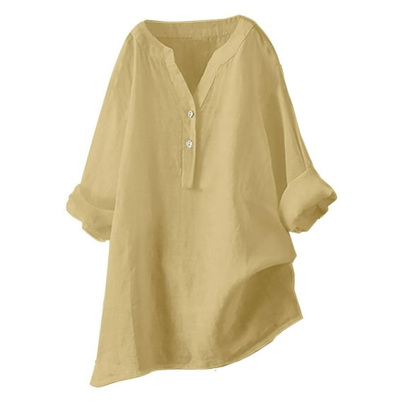 BangWanChi Long Sleeve Shirts for Women Women's Loose and Versatile V-neck Long Sleeved Cotton Linen Tops Shirt Long Sleeved V-neck Tops/shirt
