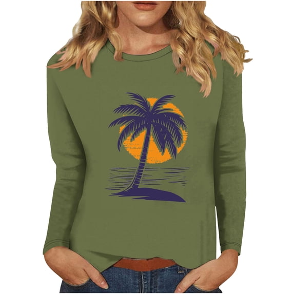 BangWanChi Long Sleeve Shirts for Women Women's Retro Fashion Classic Print Long Sleeved Round Neck Tops/shirt
