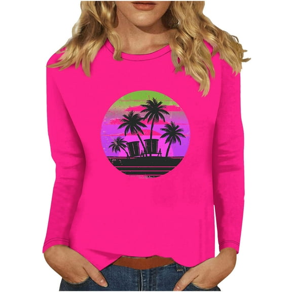 BangWanChi Long Sleeve Shirts for Women Women's Retro Fashion Classic Print Long Sleeved Round Neck Tops/shirt