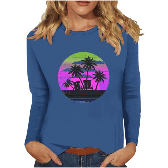 BangWanChi Long Sleeve Shirts for Women Women's Retro Fashion Classic Print Long Sleeved Round Neck Tops/shirt