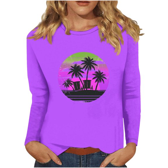 BangWanChi Long Sleeve Shirts for Women Women's Retro Fashion Classic Print Long Sleeved Round Neck Tops/shirt