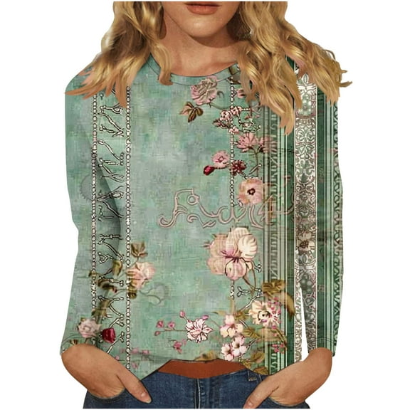 BangWanChi Long Sleeve Shirts for Women Women's Retro Fashion Classic Print Long Sleeved Round Neck Tops/shirt