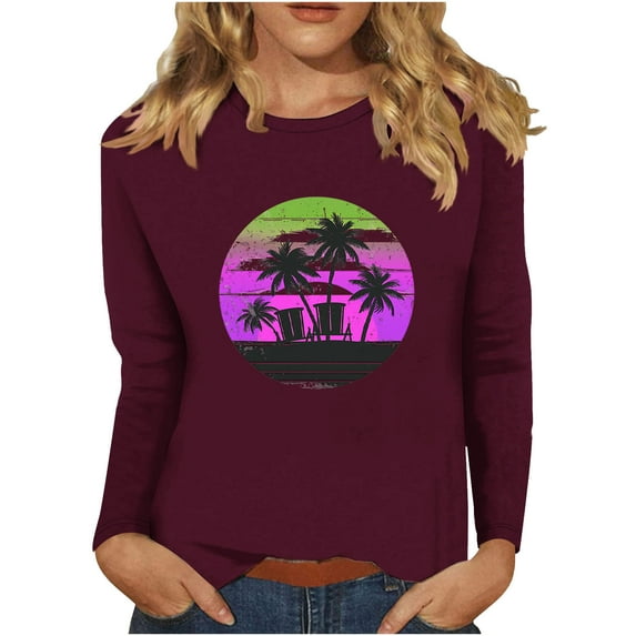 BangWanChi Long Sleeve Shirts for Women Women's Retro Fashion Classic Print Long Sleeved Round Neck Tops/shirt