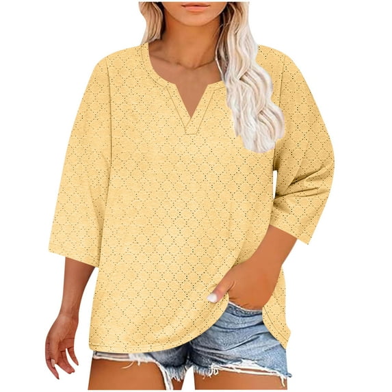 BangWanChi Loose Shirts for Women Fashion Plus Size Solid Color V-Neck 3/4 Sleeve Shirt Blouses
