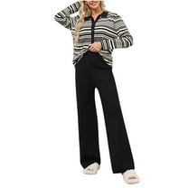 BangWanChi Lounge Sets for Women 2 Piece Women New Winter Loose Casual Striped Button Long Sleeved wide Leg Pants Knitted Two-piece Set Long Sleeved Lapel Set