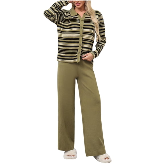 BangWanChi Lounge Sets for Women 2 Piece Women New Winter Loose Casual Striped Button Long Sleeved wide Leg Pants Knitted Two-piece Set Long Sleeved Lapel Set