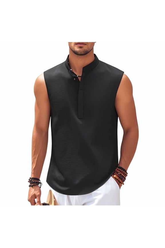 Man Solid Color Casual Sleeveless Tops Buttoned Open And Close Standing Collar Blouses Tank Henley Top