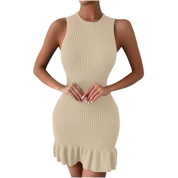 BangWanChi Maxi Dresses for Women 2024 ClearanceWomen's Tight Fitting Tank Top Skirt Sexy Waistband Slimming Sleeveless A-line Ruffled Knit Dress Sleeveless Round Neck Knee Length Dress