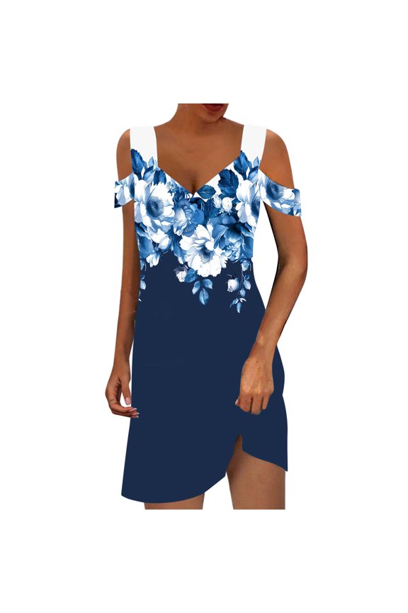 Maxi Dresses for Women 2024 ClearanceWomen's Fashion V-neck Loose Solid Short Sleeve Strapless Mini Dress