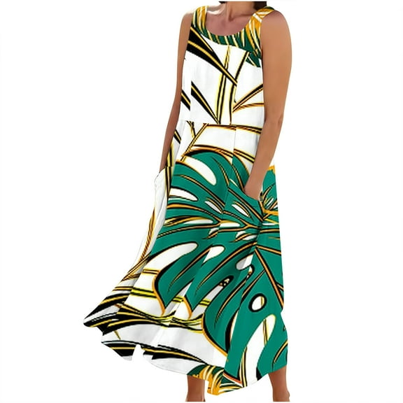 BangWanChi Maxi Dresses for Women 2024 ClearanceWomen's Sleeveless Printed Pocket Long Dress