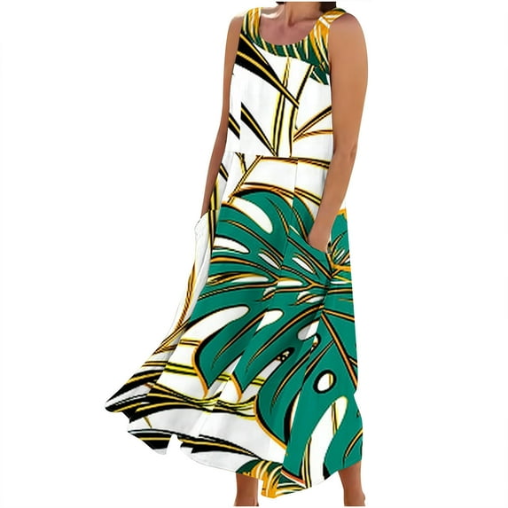 BangWanChi Maxi Dresses for Women 2024 ClearanceWomen's Sleeveless Printed Pocket Long Dress
