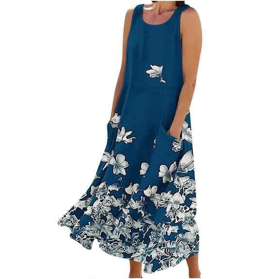 BangWanChi Maxi Dresses for Women 2024 ClearanceWomen's Sleeveless Printed Pocket Long Dress