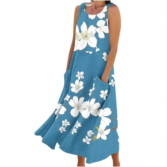 BangWanChi Maxi Dresses for Women 2024 ClearanceWomen's Sleeveless Printed Pocket Long Dress