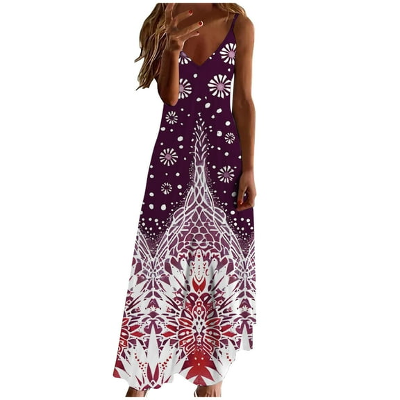 BangWanChi Maxi Dresses for Women 2024 ClearanceWomen's Summer Fashion Ethnic Style Printed V-neck Sleeveless Strap Dress