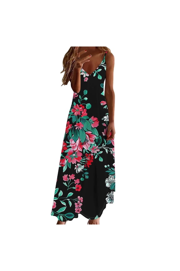 Maxi Dresses for Women 2024 ClearanceWomen's Summer Fashion Ethnic Style Printed V-neck Sleeveless Strap Dress