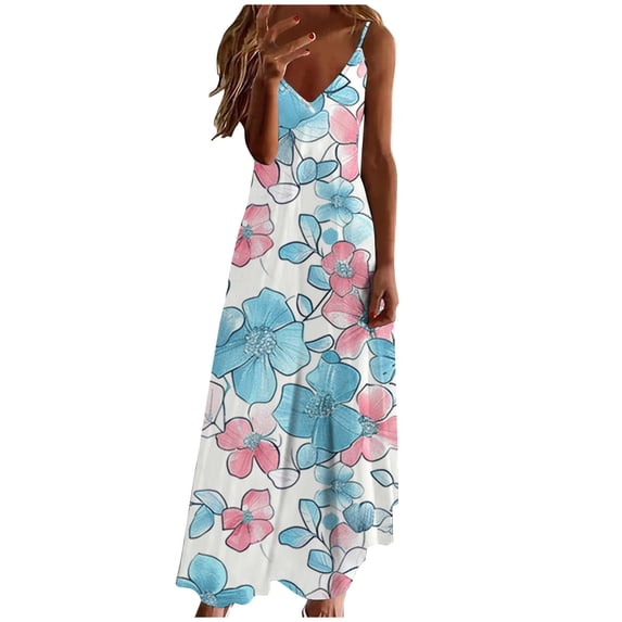 BangWanChi Maxi Dresses for Women 2026 Women's Summer Fashion Ethnic Style Printed V-neck Sleeveless Strap Dress