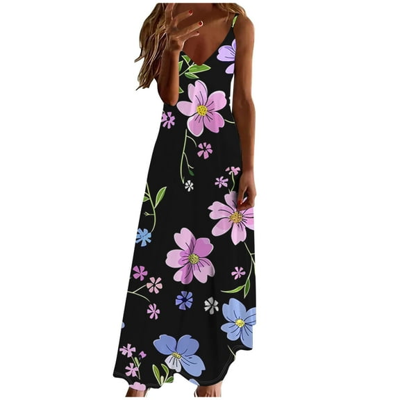 BangWanChi Maxi Dresses for Women 2024 ClearanceWomen's Summer Fashion Ethnic Style Printed V-neck Sleeveless Strap Dress