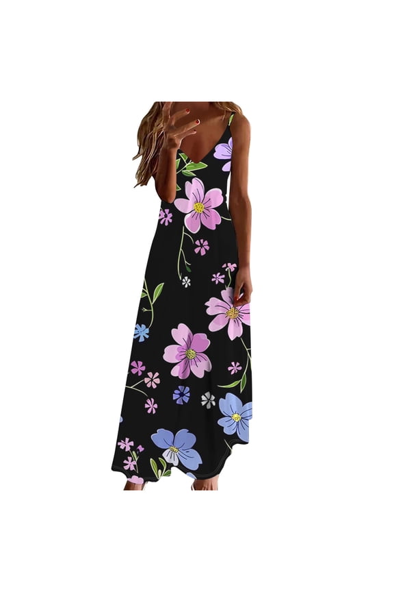 Maxi Dresses for Women 2024 ClearanceWomen's Summer Fashion Ethnic Style Printed V-neck Sleeveless Strap Dress