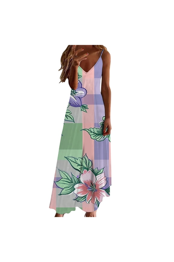 Maxi Dresses for Women 2024 ClearanceWomen's Summer Fashion Ethnic Style Printed V-neck Sleeveless Strap Dress