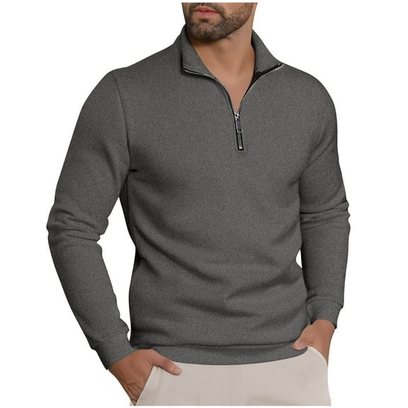 BangWanChi Men Casual Solid Stand Up Collar Shirts Quarter-Zipper Long Sleeved Pullover Top