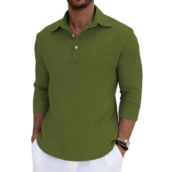 BangWanChi Men's 3/4 Sleeve Shirts Fashion Men Casual Vacation Solid Color Button-Up Collar Stylish Shirt Army Green L