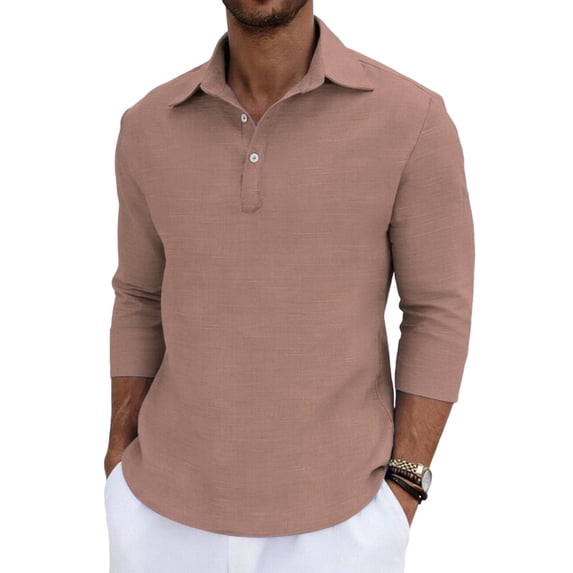 BangWanChi Men's 3/4 Sleeve Shirts Fashion Men Casual Vacation Solid Color Button-Up Collar Stylish Shirt Pink XL