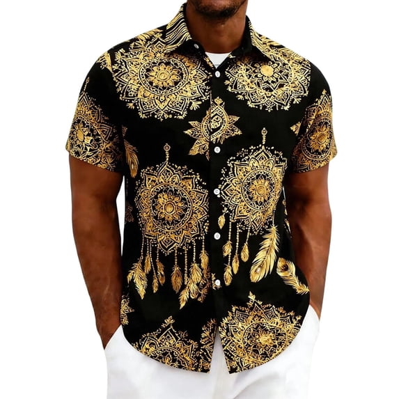 BangWanChi Men's Beach Vacation Hawaii Print Shirts Top Short Sleeve Collared Open Placket Casual Tops