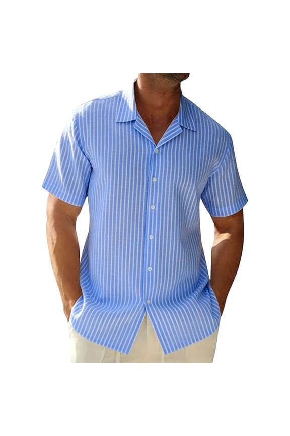 Men's Button-Up Shirts for Office Wear Formal Attire Striped Shirt Short Sleeve T-Shirts Light Blue L