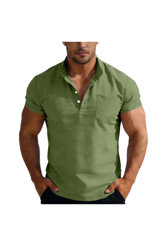 Men's Casual Henley Shirts Man Fashion Solid-Color Half Button-Up Pocket Short Sleeve Standing Collar Blouse Shirt Top Army Green L