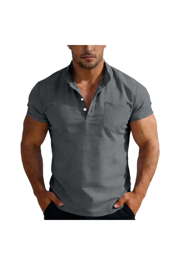 Men's Casual Henley Shirts Man Fashion Solid-Color Half Button-Up Pocket Short Sleeve Standing Collar Blouse Shirt Top Dark Gray L