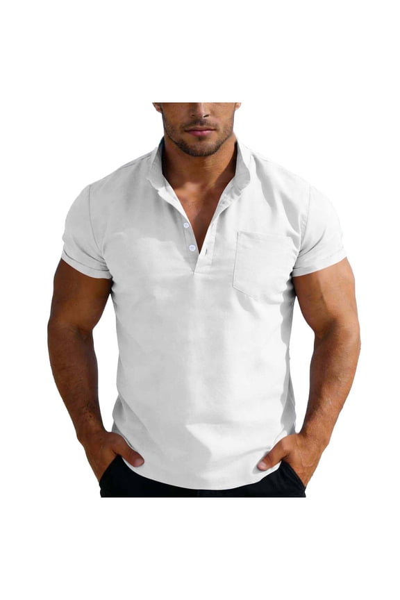 Men's Casual Henley Shirts Man Fashion Solid-Color Half Button-Up Pocket Short Sleeve Standing Collar Blouse Shirt Top White L