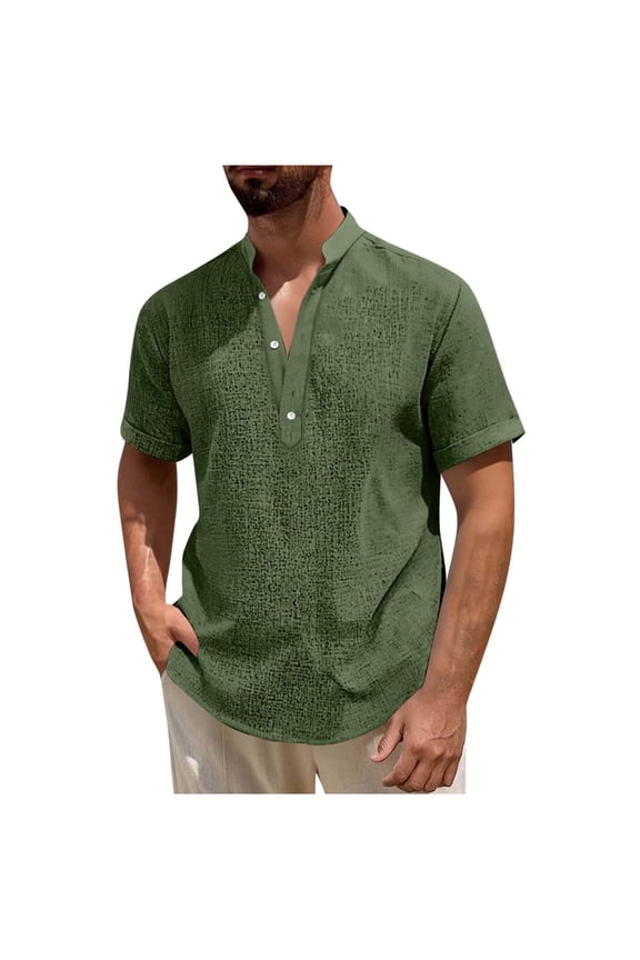 Men's Casual Henley Shirts Man Solid-Color Half Button Short Sleeve Standing Collar Blouse Shirt Army Green L