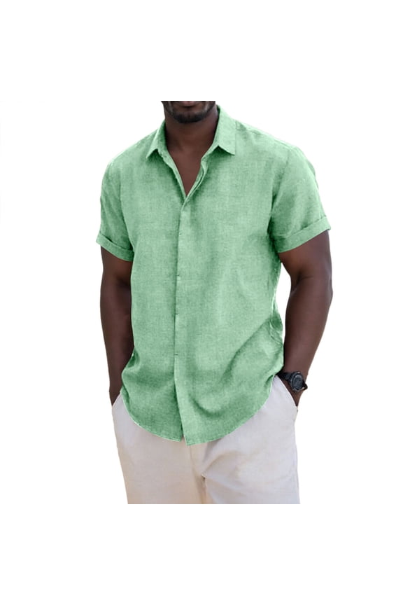 Men's Casual Vacation Shirts Solid Color Button-Up Collar Stylish Short-Sleeved Concealed Placket Shirt Green XXL