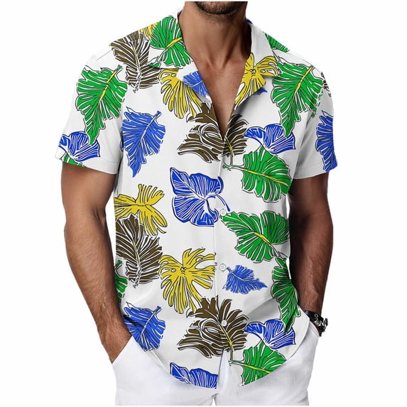 BangWanChi Men's Hawaiian Shirts Short Sleeve Graphic Tee Summer Printed Beach Shirt Blouse Button T-Shirt
