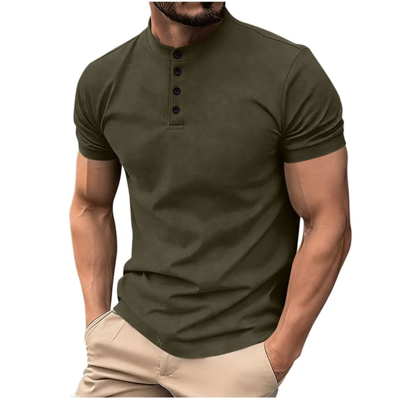 BangWanChi Men's Henley T-Shirts Men's Solid Color Round Neck Button Short Sleeved Shirt Casual Sportswear Blouse Shirt
