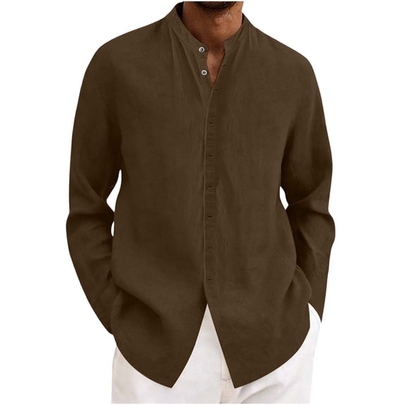 BangWanChi Men's Solid Color Casual Henley Shirts Linen Open Front Button-Up Shirt Long Sleeve Stand Collar Top Coffee L
