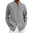 thumbnail image 1 of BangWanChi Men's Solid Color Casual Henley Shirts Linen Open Front Button-Up Shirt Long Sleeve Stand Collar Top Gray S, 1 of 6