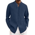 thumbnail image 1 of BangWanChi Men's Solid Color Casual Henley Shirts Linen Open Front Button-Up Shirt Long Sleeve Stand Collar Top Navy XL, 1 of 6