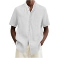 thumbnail image 1 of BangWanChi Men's Solid Color Casual Linen Open Front Button-Up Shirts Short Sleeve Stand Collar Top, 1 of 5